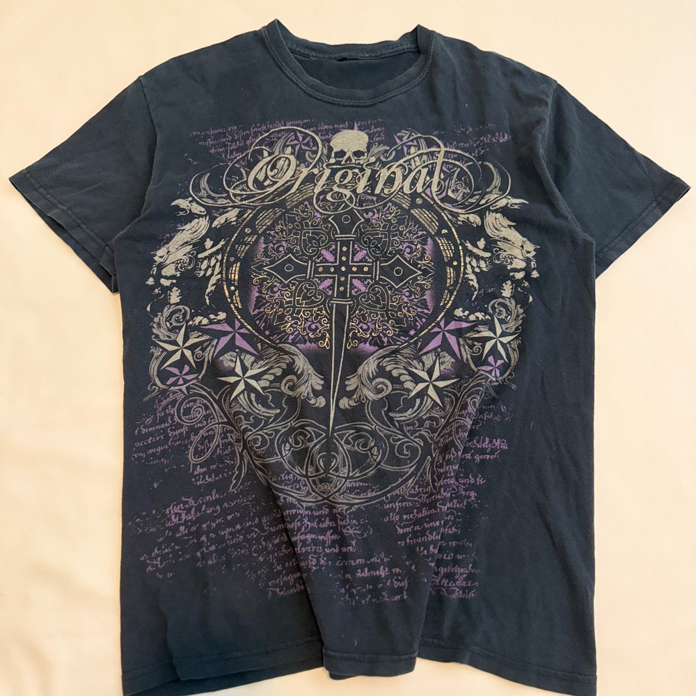 Unbranded Graphic T-Shirt Mens L Black Y2K 2000s Gothic Cross Skull Grunge